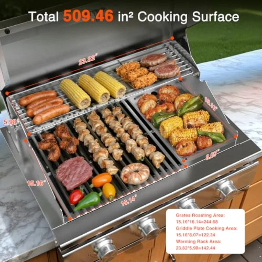 28-Inch Gas Grill Built-In Head 4-Burner Propane Grill Heavy Duty 304 Stainless Steel Construction 8000 4 BTU Built-In Grill fo