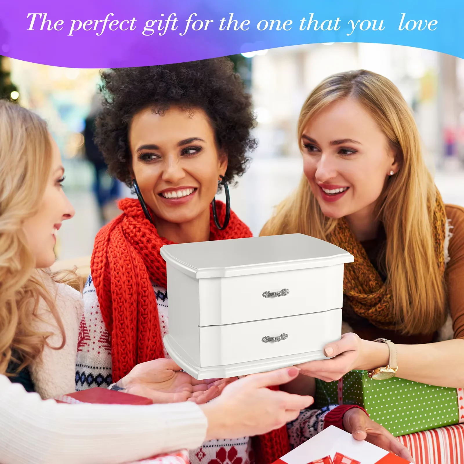 صندوق مجوهرات راقصة الباليه الموسيقي باللون الأبيض بطبقة مزدوجة من جوزين مع مرآة وقلادة للفتيات والنساء، موسيقى تخزين المجوهرات C