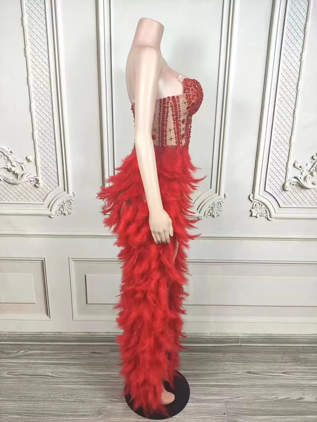 Damska Czerwona Długa Sukienka Syrenka Perły Cyrkonie Urodziny Moda Bal Wieczorowy Suknia na Imprezę Piosenkarka Gospodarz Modelka Kostium