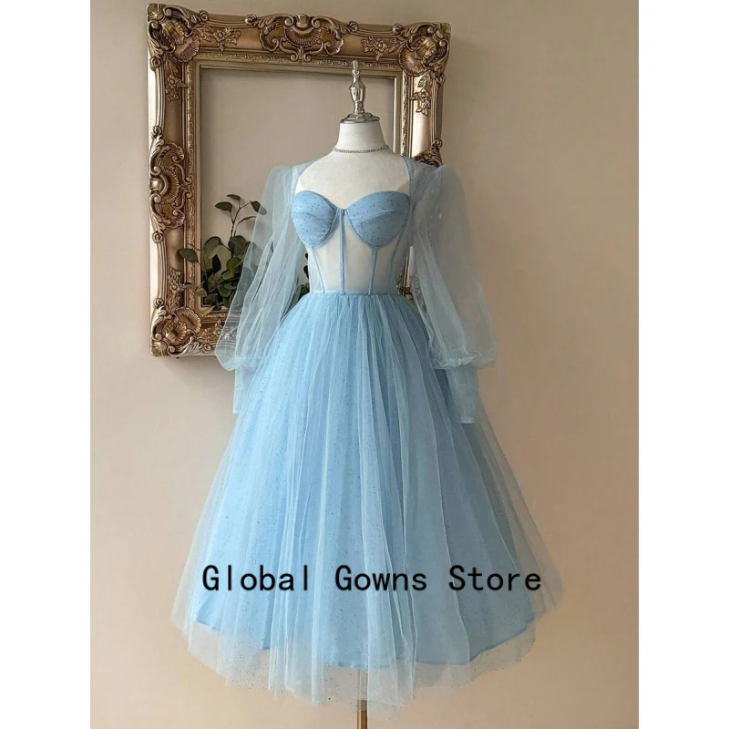 

Blue Tulle Puff Sleeves Evening Dress Sexy Sweetheart Strap Party Dress A-line Long High Slit Special Event Dress Customized