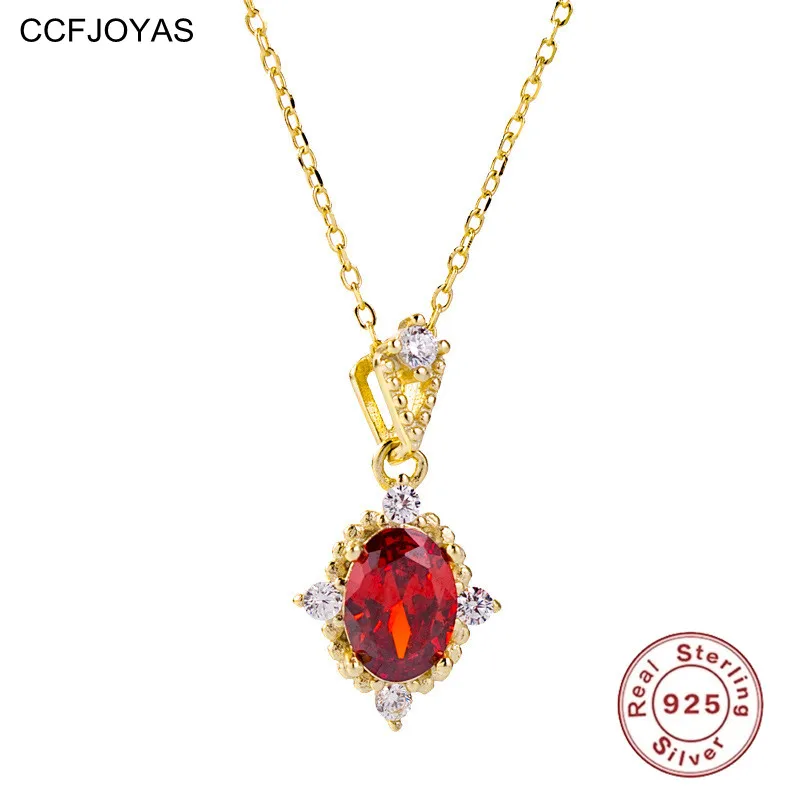 CCFJOYAS 18K Gold Überzogene 925 Sterling Silber Vintage Rubin Granat Anhänger Halskette für Frauen Mode Gold Halskette Schmuck Geschenk