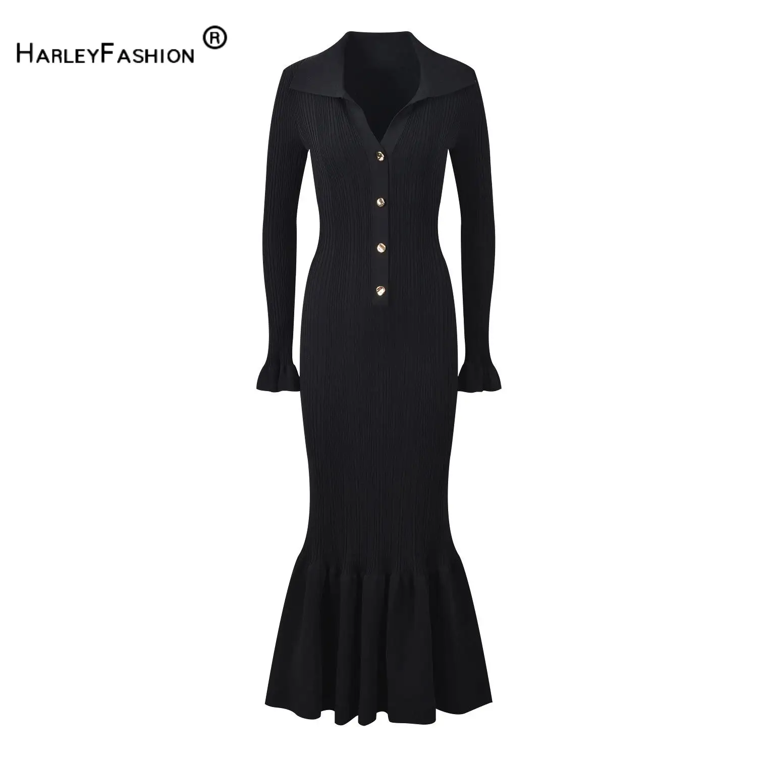 

Lady Fall Winter Turn-down Collar Flared Long Sleeve Stitching Slim Fitted Women Single-breasted Knits Long Solid Dress