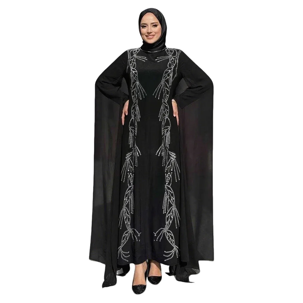 

Women's Solid Color Diamond Studded Casual Trendy Elegant Loose Dresses Female Arab Abaya Clothes Middle East Muslim Fashion