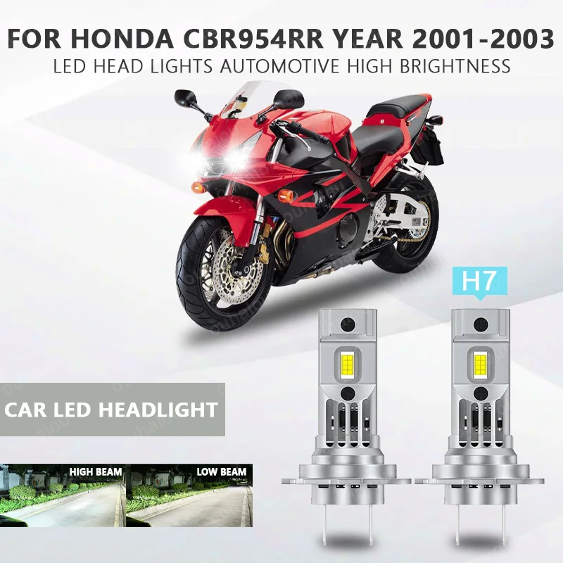 

2Pcs Canbus LED Motorcycle Plug-and-Play Headlight High/Low H7 12V 20000LM 60W White For Honda CBR954RR Year 2001-2003