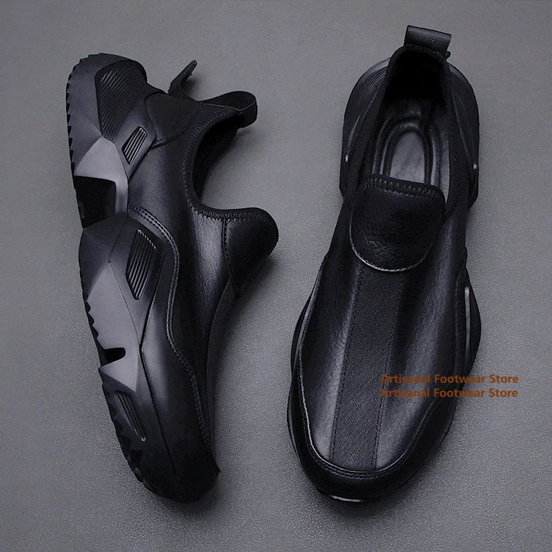Black Leather Slip-On Shoes Elastic Fabric Chunky Non-Slip Platform Lightweight Business Walking Sneakers Trendy Men's Shoes﻿
