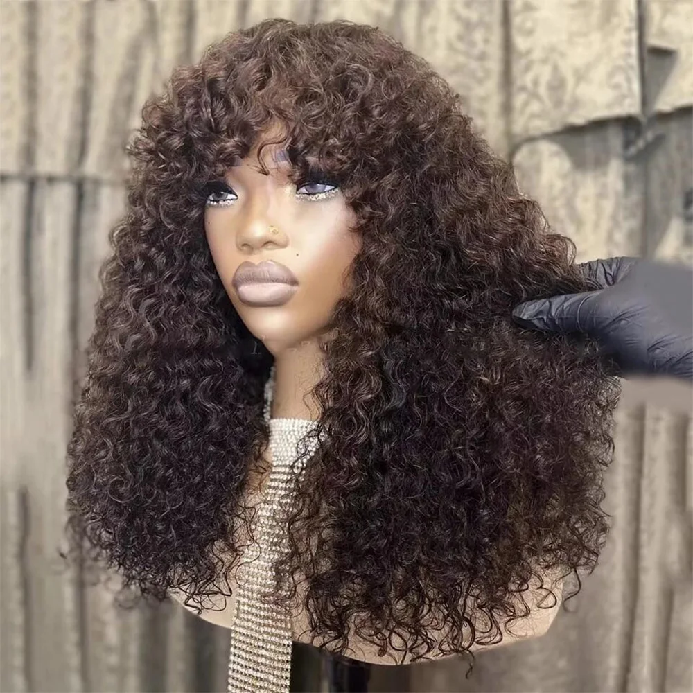 

Длинный мягкий бесклеевой парик 180 Плотность 26 дюймов Кудрявый коричневый машинный парик с челкой для чернокожих женщин Детские волосы предварительно выщипанные