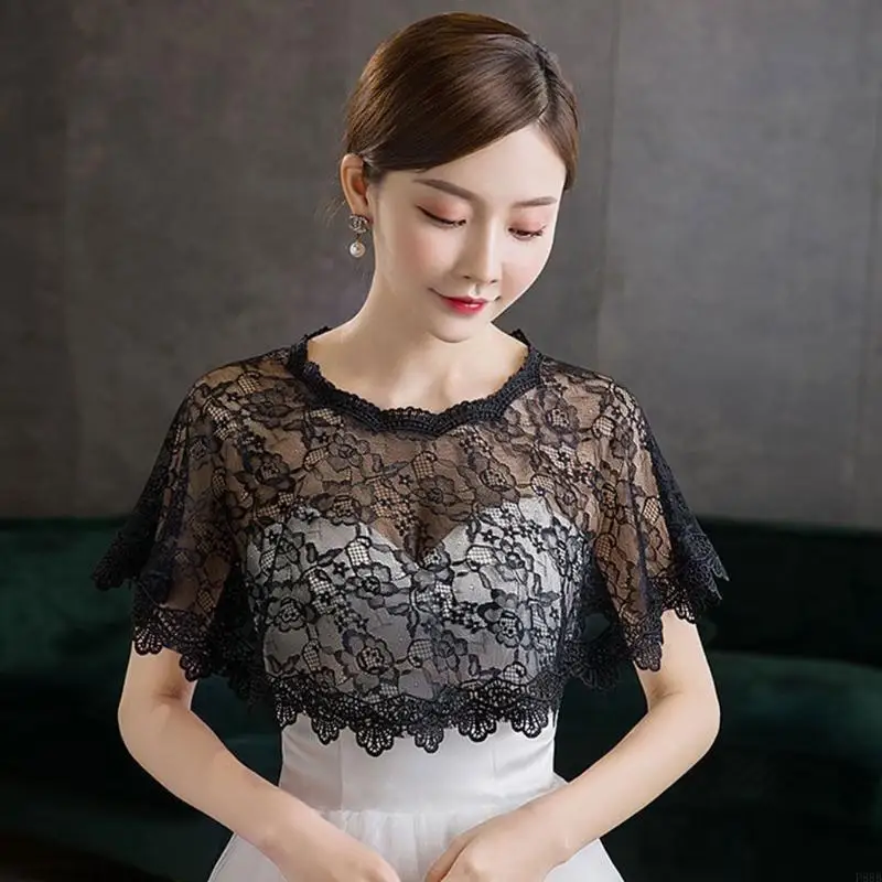 P88B Women Embroidery Floral Lace Shawl Wrap Wedding Bridal Cover Up See-Through Prom High Low Shrug Cape Tulle for Ja