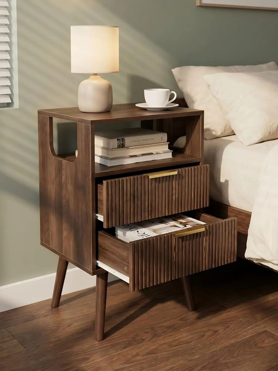 

Modern Nightstand with 2 Drawers and Open Shelf, Fluted Design, Solid Wood Legs for Bedroom