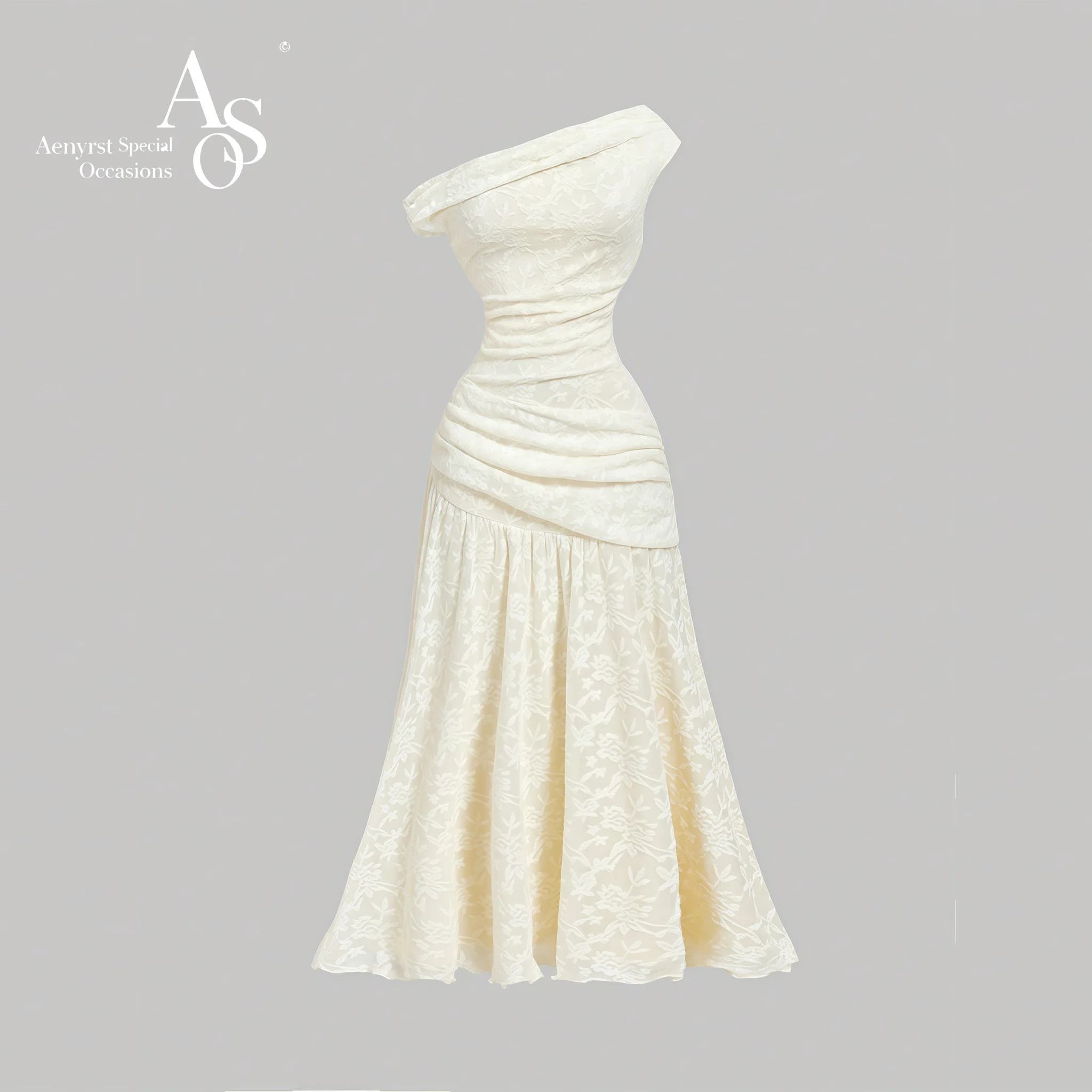 Ivory draped printed formal ball gown featuring a one-shoulder sleeveless design and a floor-length A-line skirt