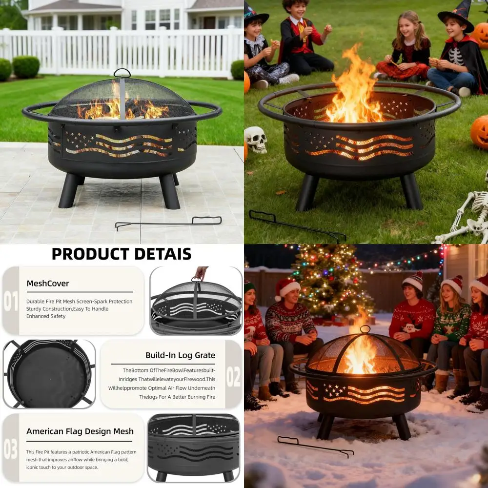 حفرة نار دائرية بعلم أمريكي مقاس 38 بوصة مع غطاء شبكي وبوكر، حفرة نار لحرق الخشب في الهواء الطلق والحديقة في الفناء الخلفي #1