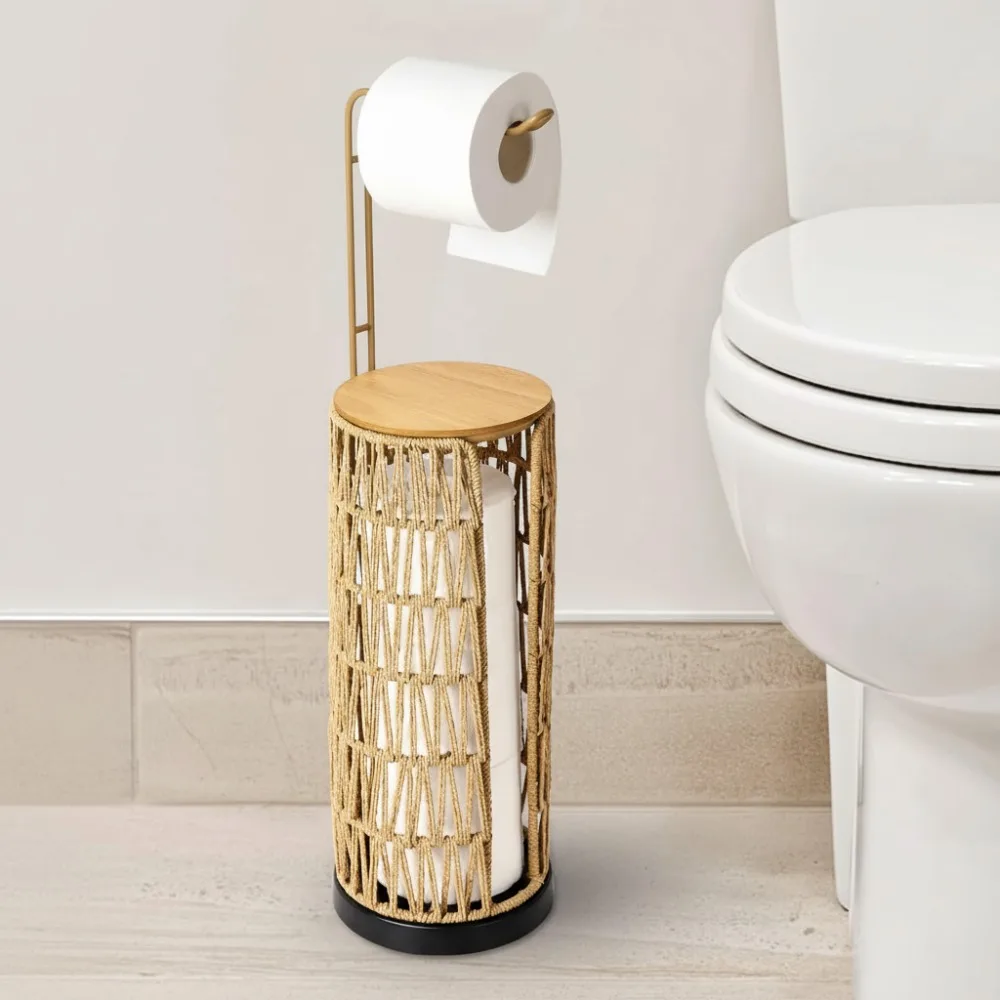 

Freestanding Rattan Toilet Paper Holder with Storage, 3-Roll Tissue Dispenser, Boho Farmhouse Bathroom Decor for Small Spaces