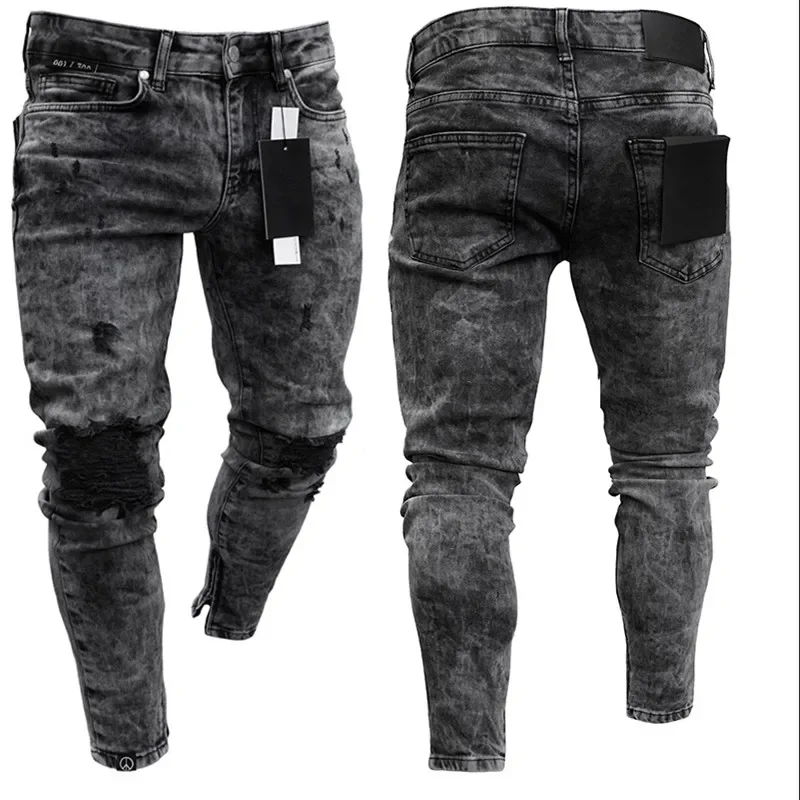 Jeans Pengendara Motor Jeans Pria Ketat Robek Ketat Jeans Pria Hip Hop Jeans Punk Lubang Pas Badan Ritsleting Celana Denim Warna Murni