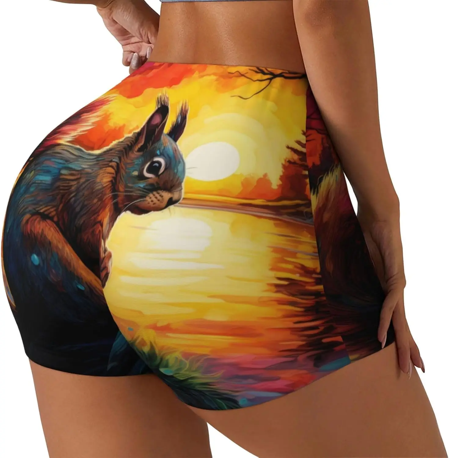 Sunset Squirrel Pantaloncini da allenamento con stampa a vita alta da donna Pantaloncini da yoga elasticizzati per lo sport Atletico Corsa Escursionismo Biker Yoga Palestra