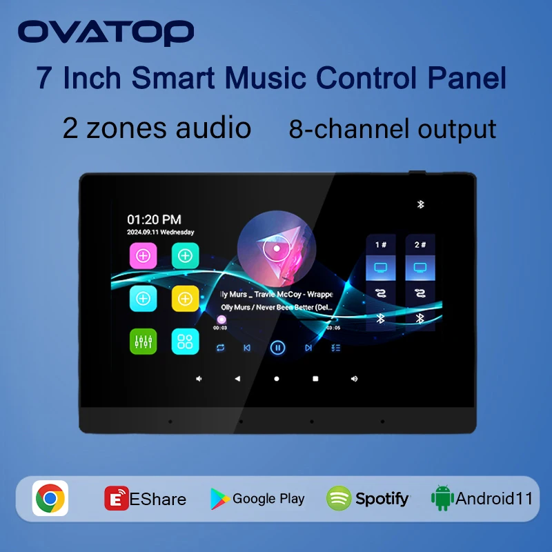 7Inch touch screen WIFI smart home bluetooth sound in wall amplifier 2 zone audio Android11 system 8X30W music player panle HDMI