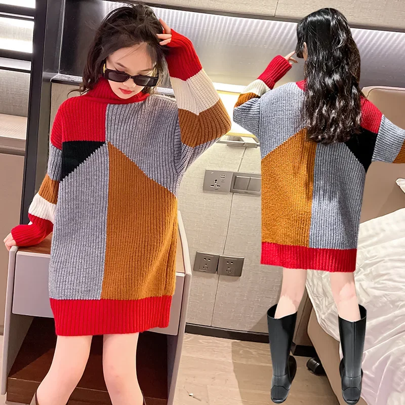 Korean Autumn Winter School Girl Long Sweater Elementary Girl High Collar Contrast Knitted Top Junior Girl Knitwears 4-14Yrs