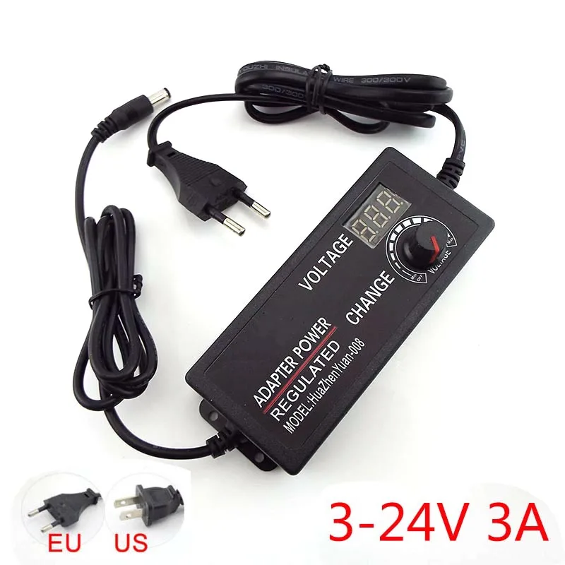 Adjustable Power Supply Adapter AC 100V-240V to DC 3V-24V 3A Universal Charger Jack to Plugs DC  5.5x2.1mm Female Connector B5