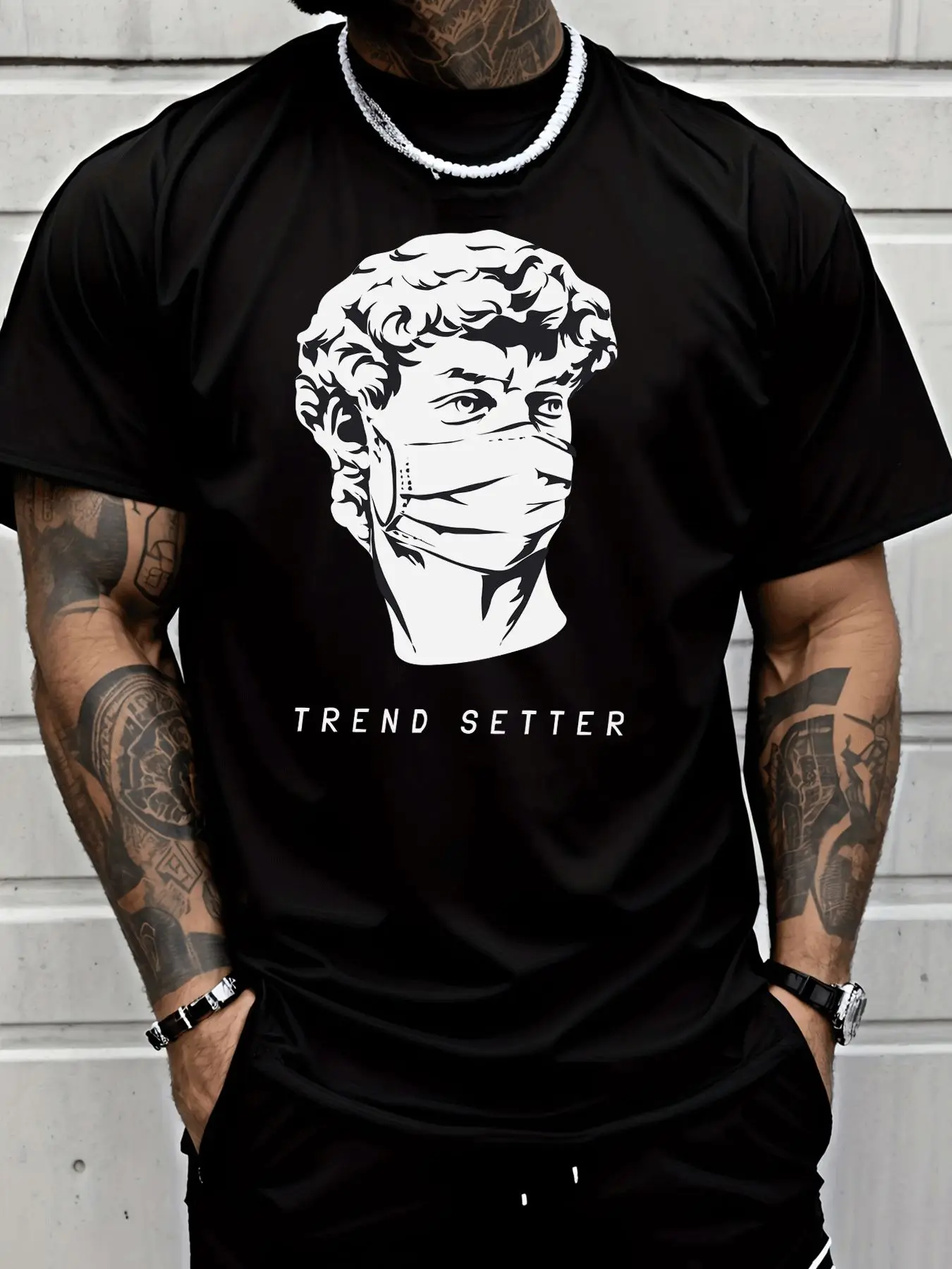 Mens David Statue Mask Trend Setter Graphic T Shirt Vintage Streetwear Short Sleeve Cotton Hip Hop Casual Summer Tee For Men