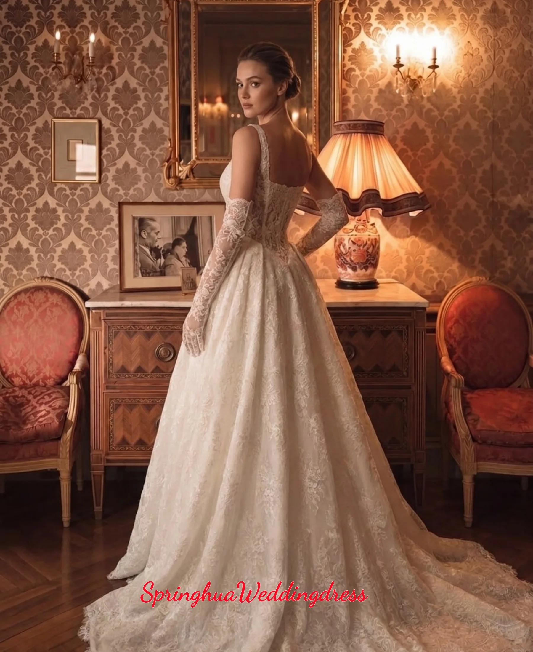 Customized elegant lace applique square-neck gloves, A-line skirt princess wedding dress, plus-size Vestidos De Novia