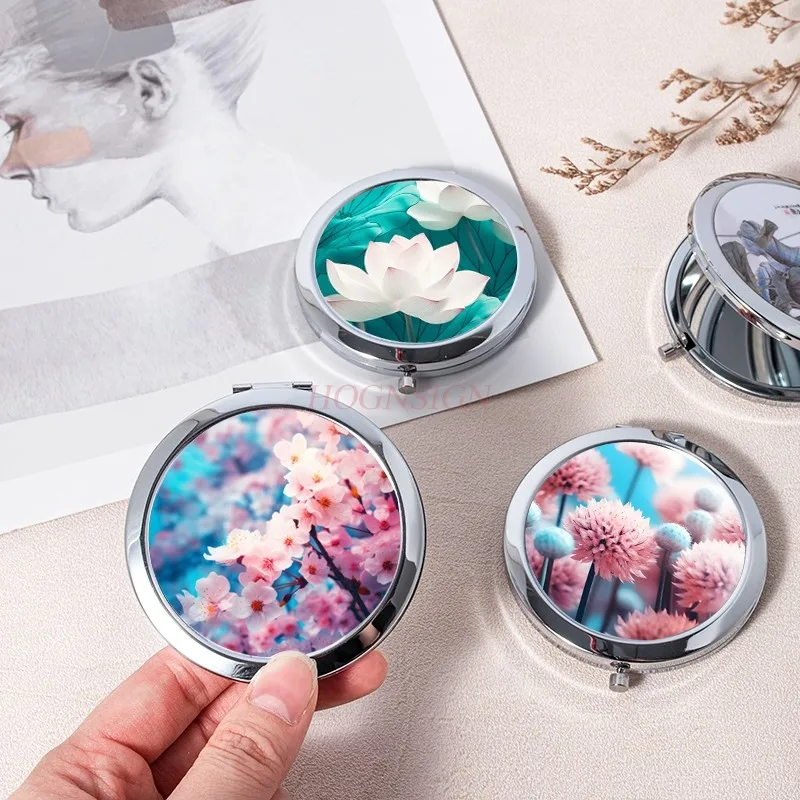 Espejo pequeño de tulipán, espejo de maquillaje plegable circular, espejo circular de doble cara, espejo pequeño portátil