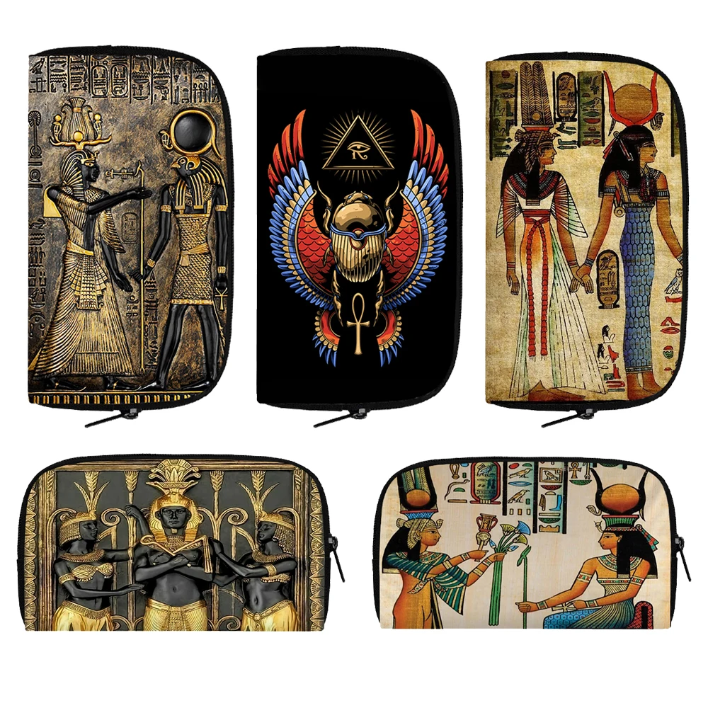 Egyptian Art Print Wallets Egypt Pharaoh Women Men Casual Clutch Bag  Horus Anubis Credit Card Phone Holder Canvas Money Bags