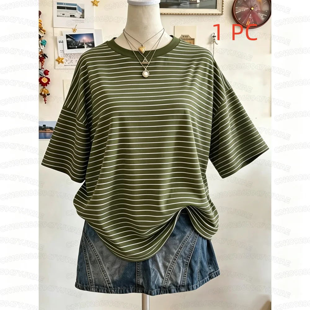 Sommer Y2K Gestreiftes Oversize-T-Shirt mit Rundhalsausschnitt und Fallschulter für Damen Kurzarm Street Casual Sport-Oberteil – Detail 3