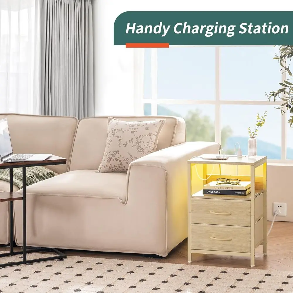 Mesita de noche con estación de carga, cajones de tela con iluminación LED, estante de almacenamiento y puertos USB/salida