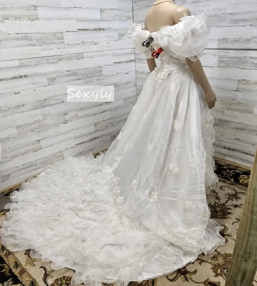 Vintage 1890s Queen Wedding Dress Renaissance Short Sleeve Organza Ruffles Bride Dress 2025 Lace Church Bridal GownCustomized