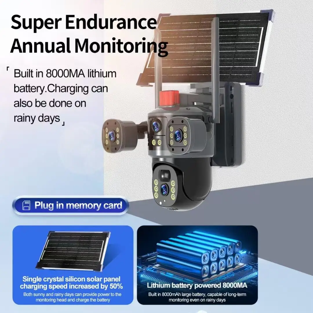 

3Lens 3Views 12MP 4G Card Solar Outdoor Network Cameras 360 PTZ IP CCTV Wireless WIFI Camera Security Night Vision CMOS