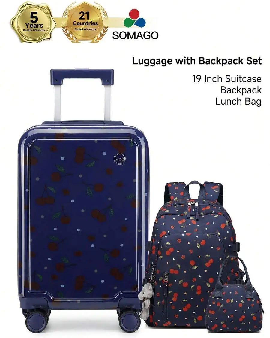 3-Piece Lightweight Luggage Set: 19' Hardside PC Carry-On + Backpack + Lunch Bag, With YKK Zipper & TSA Lock – Sturdy & Ultra Du