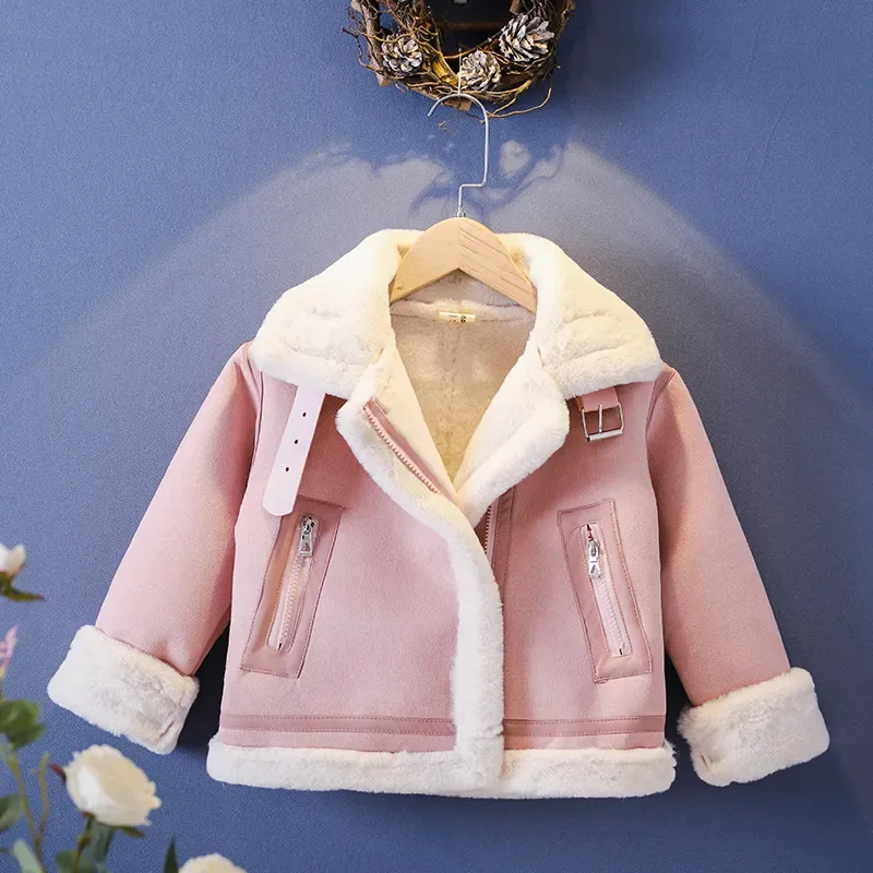 

Pink Girls Fleece Faux Fur Jacket Thicken Warm Winter Coat 3-8Years Children Casual Velvet Zipper Outerwear