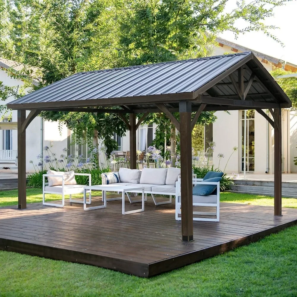 14' X 12' Hard-Top Gazebo Wood Gazebo Polycarbonate Pyramid Hip Roof Outdoor Gazebos