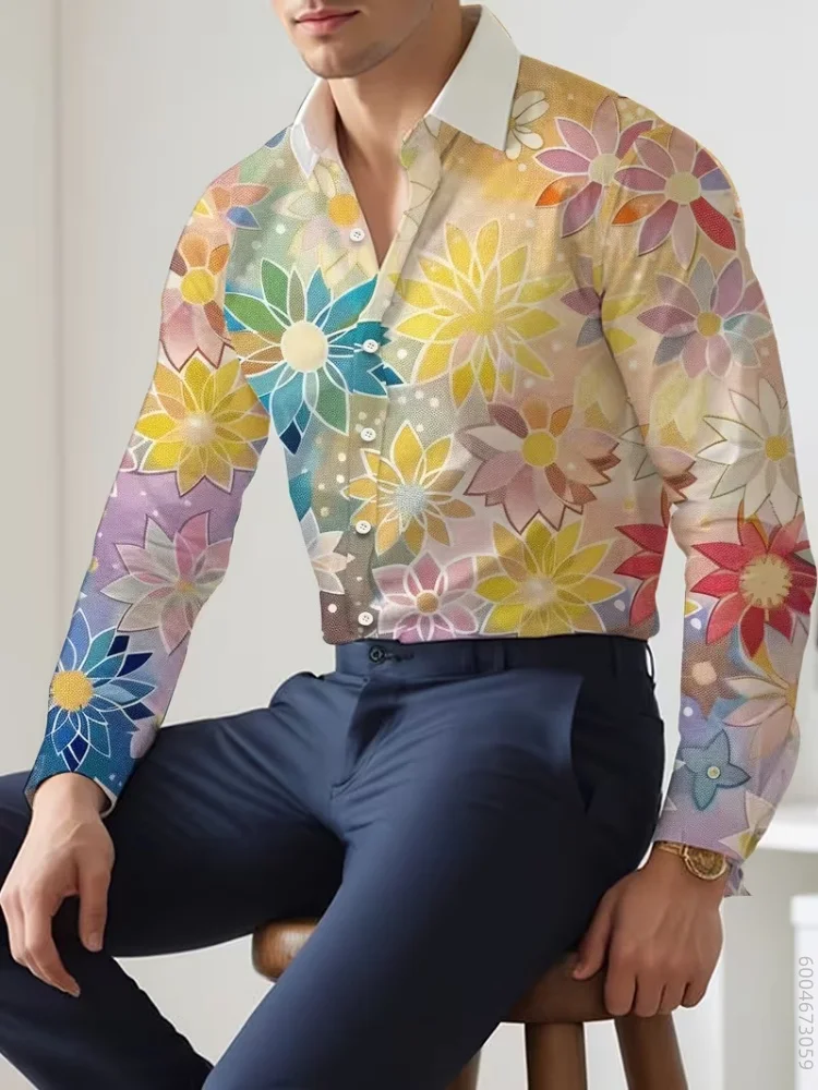 Men Long Sleeve Shirt Vintage Watercolor Wildflower Print Turn Down Collar Button Autumn Winter Daily Casual Tops Men's Clothing