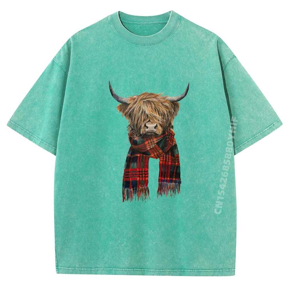 Leuke Hoogland Koe Dragen Buffalo Plaid Sjaal Landbouw Boer Anime T-shirts Zomer Meme Tshirt Retro Gewassen T-shirt