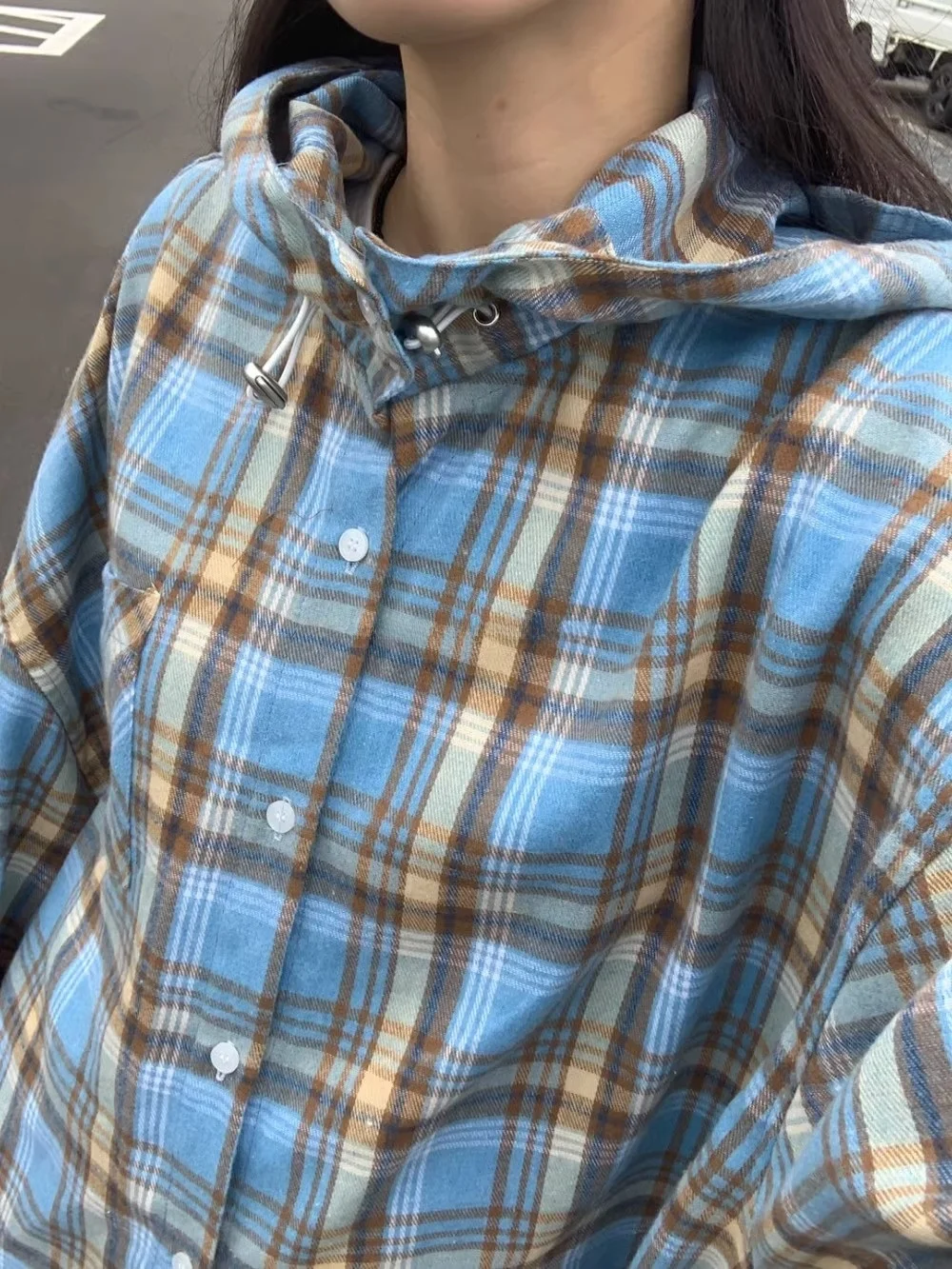 

Street Sle Long Sve Dstring с капюшоном ex Loose irt Retro Color Blo Plaid Design Женская Мужская повседневная мода