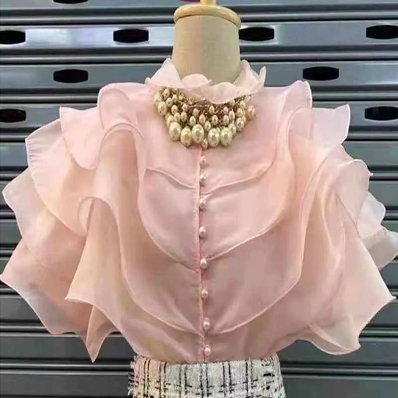 

Slim Fit Short Sleeve Women's Shirt Dongda Gate Summer 2026 New Style Fashionable Transparent Mesh Chiffon Top Stand Collar B...