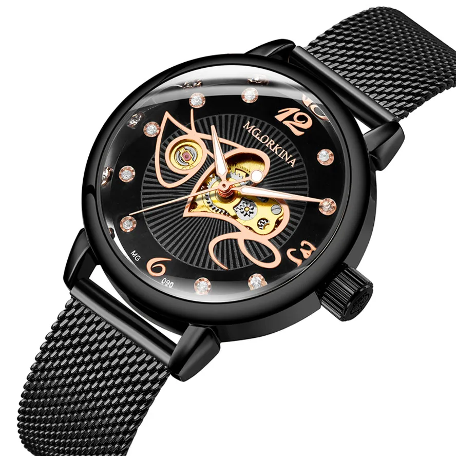 Reloj Mujer Women Automatic Mechanical Watch Luxury Brand Leather Ladies Watch Rhinestone Skeleton Wristwatch Senhoras Assistir