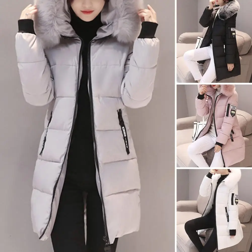 Women Hooded Winter Coat Stylish Women\'s Winter Cotton Coat Thickened Windproof Warm with Hood Zipper Pockets Slim Fit Lady Down