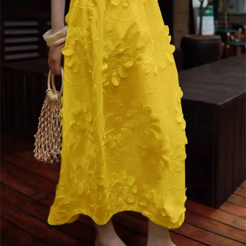 ฤดูร้อนใหม่ 3D ดอกไม้กระโปรงผู้หญิงแฟชั่นเอวสูง A-Line Midi กระโปรง Retro ยาว Faldas Mujer สีทึบ Elegant Jupe