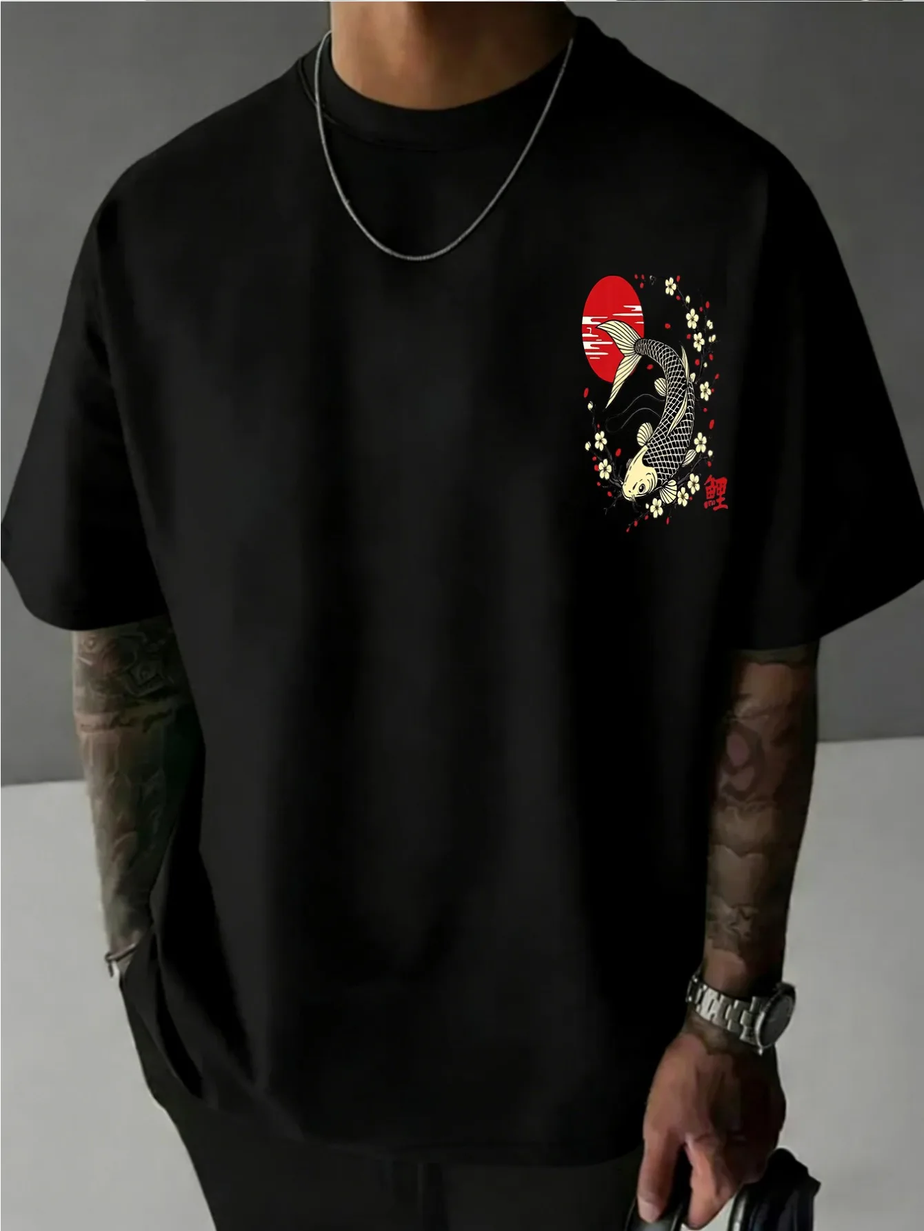 Koi Fish Lotus Print Men's Casual Cotton T-Shirt Short Sleeve Streetwear Graphic Tee
