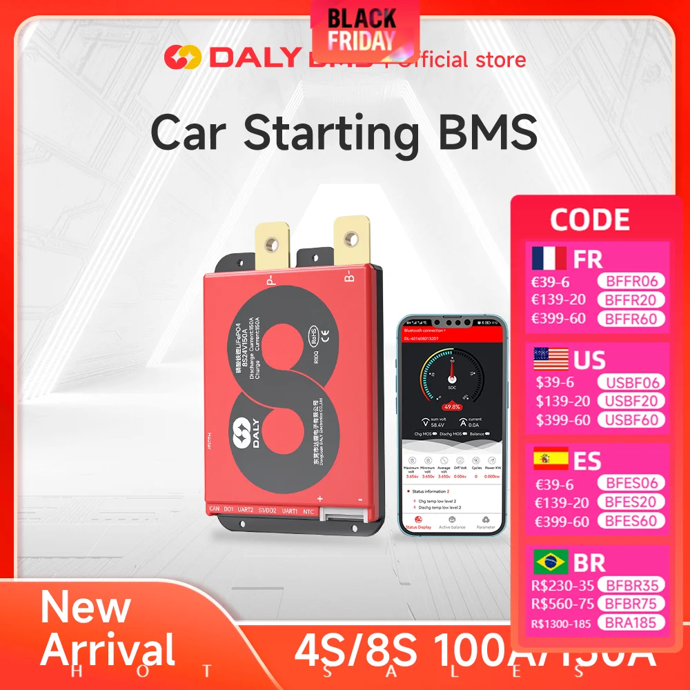 Daly Smart Bms 4S 8S LiFepo4 Batteria al litio per camion BMS Tensione 24V 48V 200A per avviamento auto