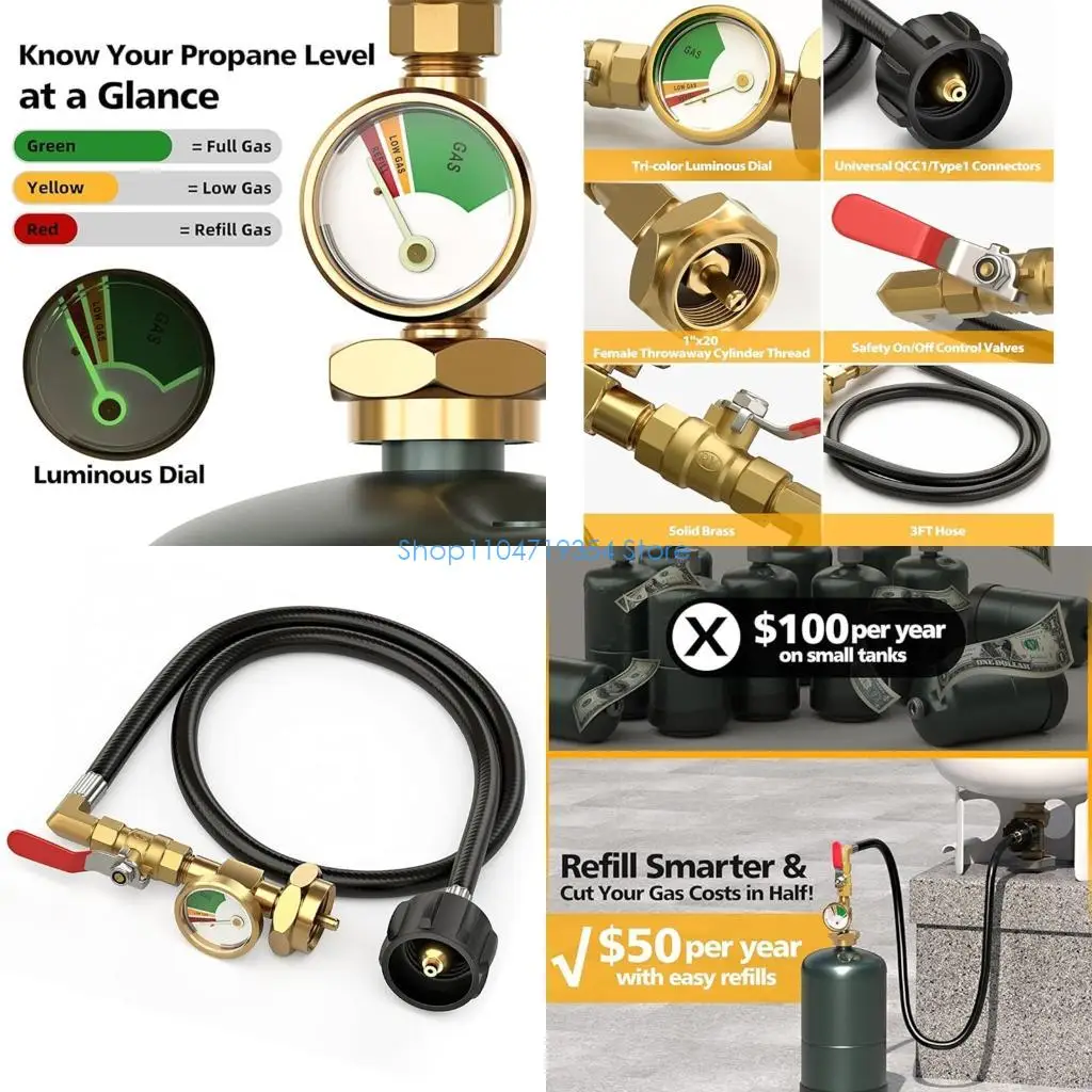 0XLD Refillable Propane Adapter Brass Connection with 3FT Hose for 1lb to 20lb Cylinders