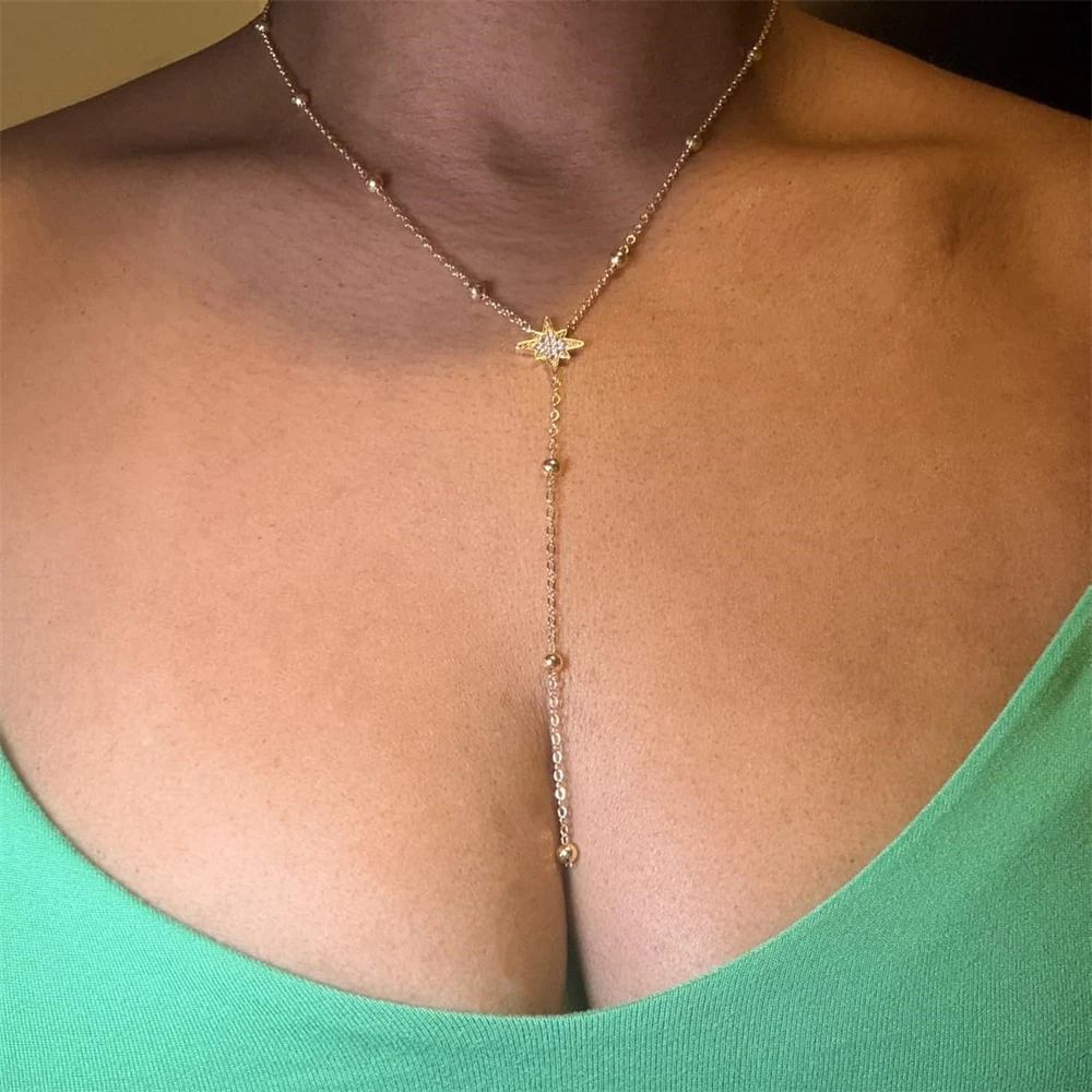 Y Shaped CZ Teardrop Star Necklaces for Women 14K Gold Plated Zircon Leaf Pendant Necklace Trendy Formal Gift Jewelry Girlfriend