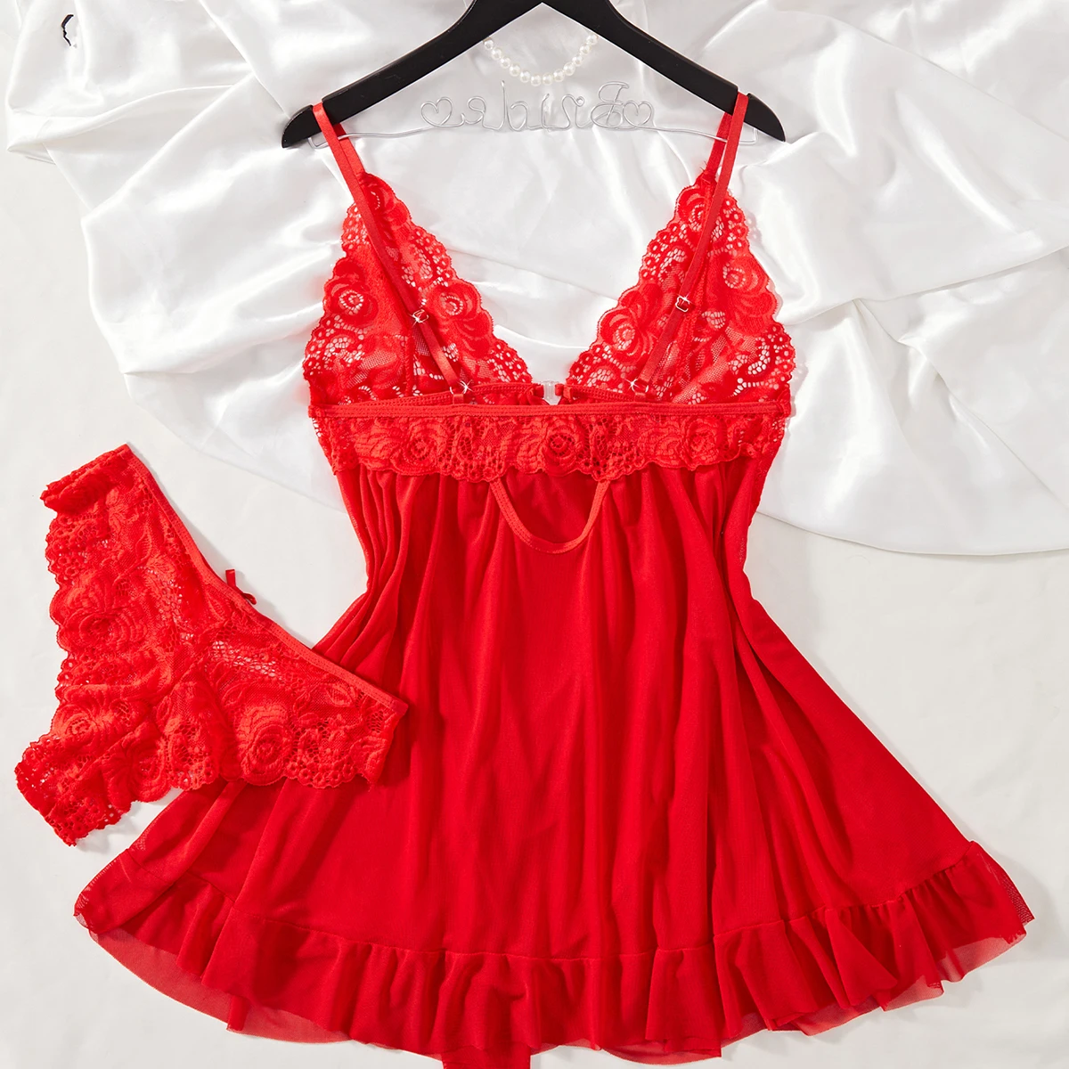 Verão requintado arco renda cor sólida com decote em v suspender pijamas sexy feminino fino ajuste macio casa roupas roupa interior conjunto de duas peças