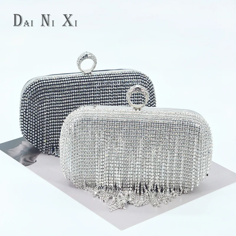 Luxury Women Diamond Tassel Tote Silver Rhinestone Evening Wedding Handbag Banquet Crystal Evening Dinner Clutch Bag