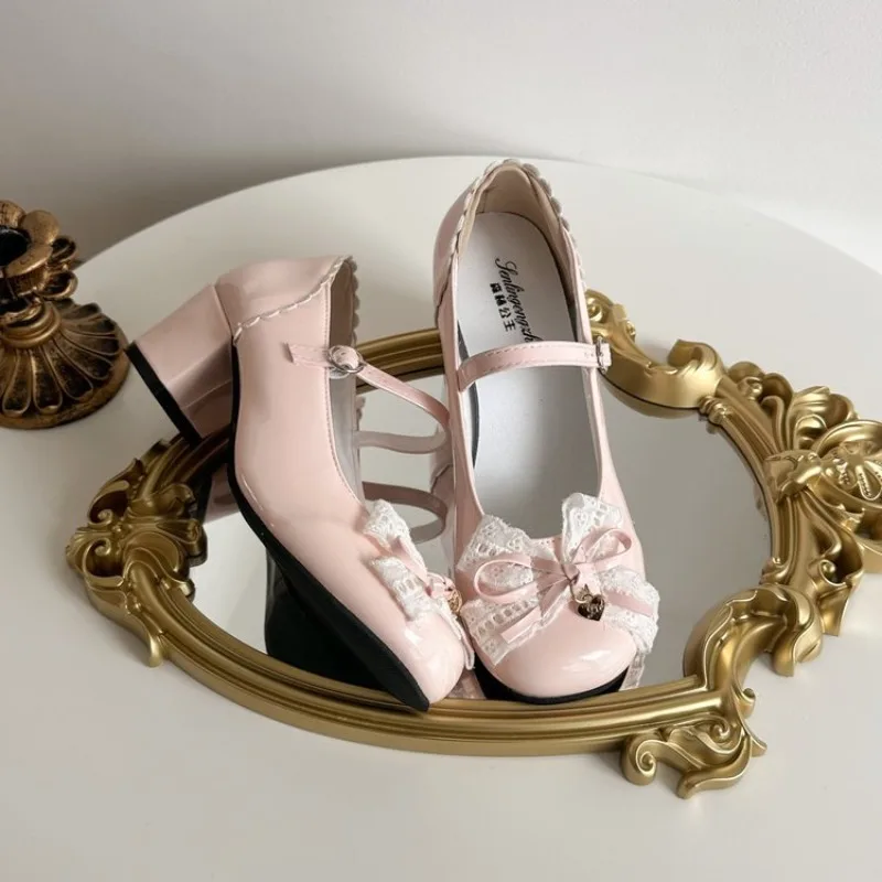 Sweet Lolita Butterfly-knot Women Mary Jane Shoes Concise Mid Heel Patent Leather Dress Shoes Cosplay Party Daily Wear Pumps view 3