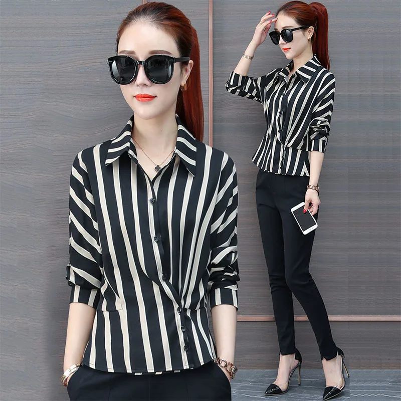 2024 Spring Summer Long Sleeve New Fashion Striped Shirt Asymmetrical Button Elegant Lady Slim Commuter Turn-down Collar Blouses