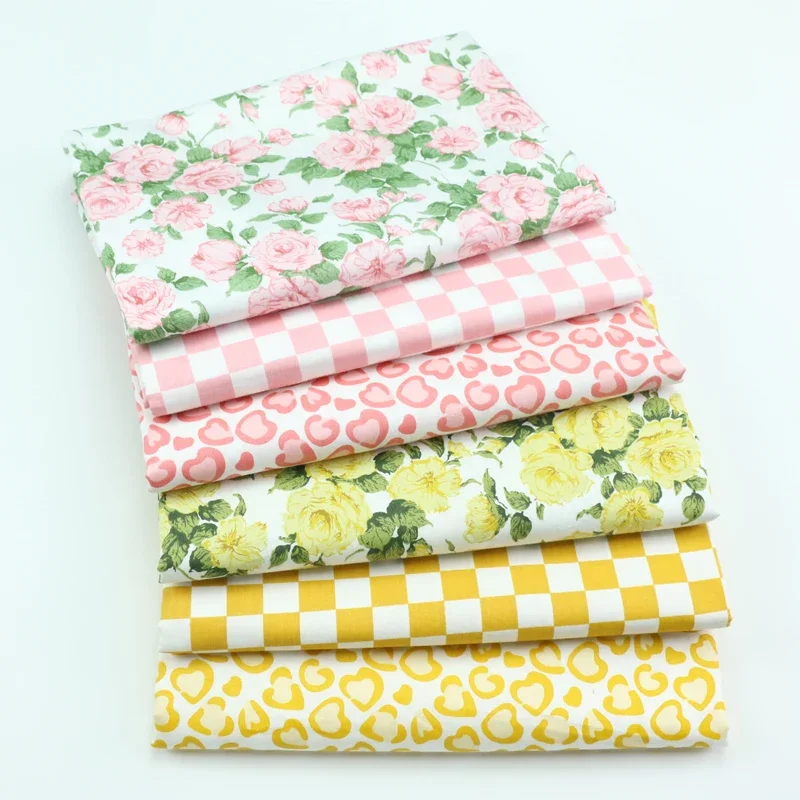 160x50cm Cotton Twill Fabric Pink Yellow Rose Small Floral Printed Cloth Handwork Skirt