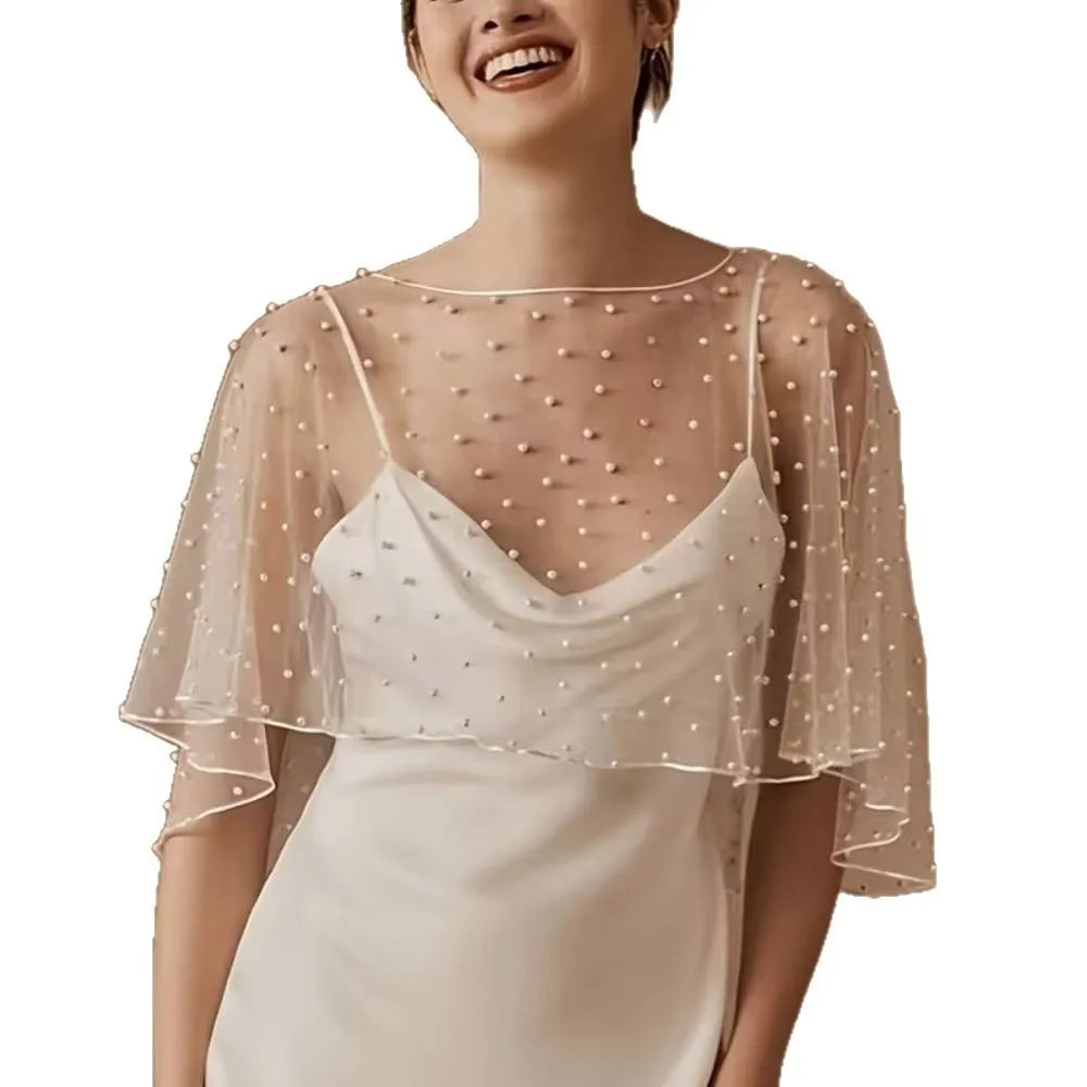 

Pearl Bride Wedding Dress Shawl Front Short Long Back Transparent Evening Dresses Scarves Korean Style Cape Mesh Scarf