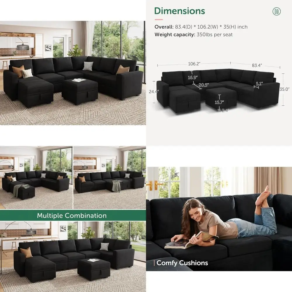 

Velvet U-Shaped Sectional Sofa with Storage Ottoman for Living Room, Black