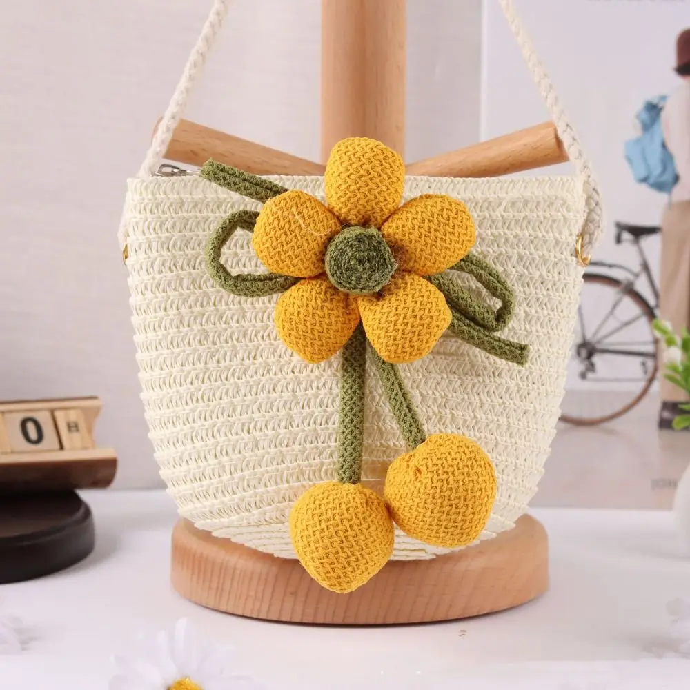Cute Flower Straw Bag Colorful Handmade Summer Beach Shoulder Bag Zipper Photo Props Kids Coin Purse